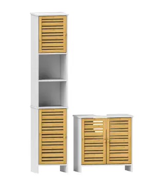 Mueble Bajo Lavabo y Columna Auxiliar de Baño con Estantes Ajustables y Puertas de Bambú Base Elevada Blanco y Natural